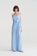 Azure Linen Sky-Blue/Beige A-Line Backless Pearl Wide-Leg Jumpsuit