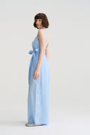 Azure Linen Sky-Blue/Beige A-Line Backless Pearl Wide-Leg Jumpsuit