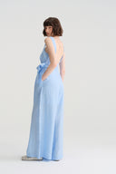 Azure Linen Sky-Blue/Beige A-Line Backless Pearl Wide-Leg Jumpsuit