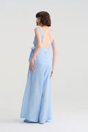 Azure Linen Sky-Blue/Beige A-Line Backless Pearl Wide-Leg Jumpsuit