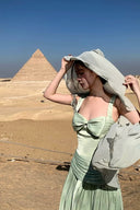 Vogsion Sage Green Ruched Bow Front Maxi Dress with Sheer Shawl worn by real customer at Pyramids of Giza Egypt