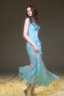 Vogsion Sky Blue Pink Rose Floral Chiffon Ruffle Maxi Dress (2026 Summer Collection)