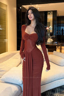 Vogsion Sculptural Ruched Mesh-Panel Maxi Dress – Long Sleeve Sweetheart Bodycon Gown