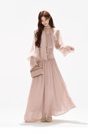 Vogsion romantic pink chiffon maxi dress with scarf neck and smocked waist full body