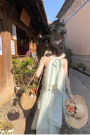 Vogsion™ Ethereal Mint Green Layered Lace Halter Maxi Dress – 2026 Spring/Summer Fairycore Edition
