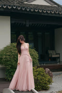 Vogsion romantic pink lace bustier tulle maxi dress full length garden look