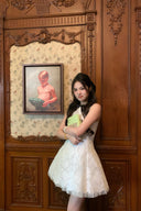 Woman in a Vogsion Shush Trong Renaissance Stiff Wool-Lace Coquette Dress standing next to a framed painting of a nude figure in an ornate room.
