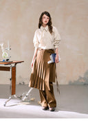 Layered Pleated Skirt Over Pants – Coffee Brown Set