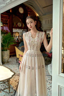 Vogsion Lysandra Botanical Lattice Embroidered Midi Dress in Ivory with Pink Floral Embroidery - High-end Renaissance Lace Style for Petite Women.