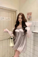 Vogsion Lilac Off Shoulder Puff Sleeve Ruffle Chiffon Babydoll Mini Dress worn by real everyday customer – coquette balletcore puff sleeve mini dress in pastel lilac 2026