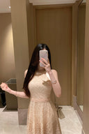 Vogsion Meadow Of Dreams Halter Guipure Lace Mini Dress in Warm Beige