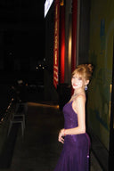 Vogsion Nocturne Sculpted Sequin Maxi Gown purple deep v neckline lace up back floor length evening dress