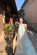 Vogsion™ Ethereal Mint Green Layered Lace Halter Maxi Dress – 2026 Spring/Summer Fairycore Edition