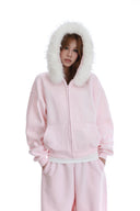 Vogsion "Cloud-Soft" Baby Pink Set: Fur-Trimmed Zip Hoodie & Statement Wide-Leg Joggers