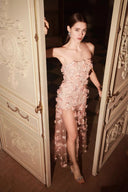 Vogsion Odette Blush Pink 3D Floral Applique Strapless Maxi Gown with High Slit Modeled Authentically by a Real Customer