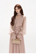 Vogsion blush chiffon maxi dress long sleeve ruffle elegant flowing gown front view