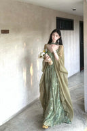 Vogsion Sage Green Floral Chiffon Cottagecore Maxi Dress with Included Sheer Gauze Shawl Set worn by real customer – ethereal wildflower summer gown 2026