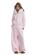 Vogsion "Cloud-Soft" Baby Pink Set: Fur-Trimmed Zip Hoodie & Statement Wide-Leg Joggers