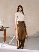 Layered Pleated Skirt Over Pants – Coffee Brown Set