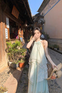 Vogsion™ Ethereal Mint Green Layered Lace Halter Maxi Dress – 2026 Spring/Summer Fairycore Edition