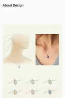 Necklace displayed on a mannequin and close-up on a person's neck with a beige background.