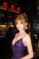 Vogsion Nocturne Sculpted Sequin Maxi Gown purple deep v neckline lace up back floor length evening dress