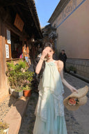 Vogsion™ Ethereal Mint Green Layered Lace Halter Maxi Dress – 2026 Spring/Summer Fairycore Edition