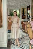 Vogsion Lysandra Botanical Lattice Embroidered Midi Dress in Ivory with Pink Floral Embroidery - High-end Renaissance Lace Style for Petite Women.