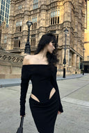 Black Off Shoulder Cut Out Maxi Dress – Noir Enigma by Vogsion