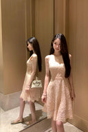 Vogsion Meadow Of Dreams Halter Guipure Lace Mini Dress in Warm Beige