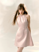 Blush Pink Bow Halter Mini Dress – Elegant Birthday, Date & Party Outfit