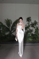 Vogsion Celeste Ivory Satin Cape Gown – Strapless Beaded Bodice Column Maxi