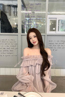 Vogsion Lilac Off Shoulder Puff Sleeve Ruffle Chiffon Babydoll Mini Dress worn by real everyday customer – coquette balletcore puff sleeve mini dress in pastel lilac 2026