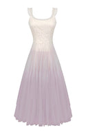     Vogsion Moonlit Lavender Petal lavender tulle midi dress with ivory bodice, ruffle straps, square neckline, and full lined skirt