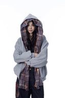 Vogsion Convertible Plaid Hoodie with Detachable Scarf Lining