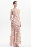 Vogsion Odette Blush Pink 3D Floral Applique Strapless Maxi Gown with High Slit Modeled Authentically by a Real Customer