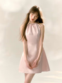 Blush Pink Bow Halter Mini Dress – Elegant Birthday, Date & Party Outfit