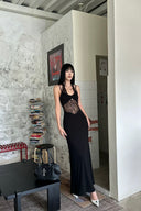 Vogsion Noir Étoile Black Lace Halter Evening Maxi Dress — Elegant See-Through Party Gown