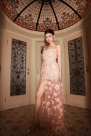Vogsion Odette Blush Pink 3D Floral Applique Strapless Maxi Gown with High Slit Modeled Authentically by a Real Customer