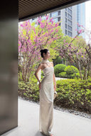 Vogsion Celeste Ivory Satin Cape Gown – Strapless Beaded Bodice Column Maxi