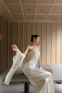 Vogsion Celeste Ivory Satin Cape Gown – Strapless Beaded Bodice Column Maxi