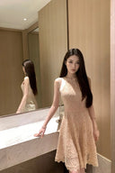 Vogsion Meadow Of Dreams Halter Guipure Lace Mini Dress in Warm Beige