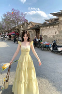 Vogsion Lemon Yellow Bloom Ruffle Maxi Dress