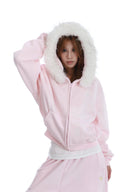 Vogsion "Cloud-Soft" Baby Pink Set: Fur-Trimmed Zip Hoodie & Statement Wide-Leg Joggers