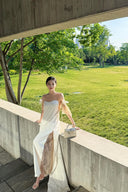 Vogsion Architectural Column Gown in Warm Sand
