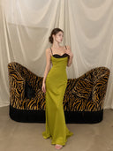 Chartreuse satin maxi dress with contrast bodice, front view