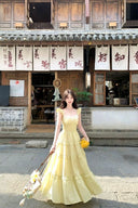 Vogsion Lemon Yellow Bloom Ruffle Maxi Dress