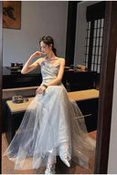 Vogsion Mara Maxi Dress in Silver Shimmer Lace – Floor Length Formal Evening Gown 2026 – Real Customer Photo