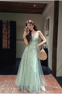 Vogsion Mara Maxi Dress in Sage Green Sheer Tulle Lace – Elegant Spaghetti Strap Wedding Guest Prom Gown – Real Customer Photo