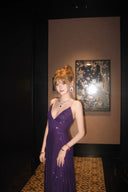 Vogsion Nocturne Sculpted Sequin Maxi Gown purple deep v neckline lace up back floor length evening dress
